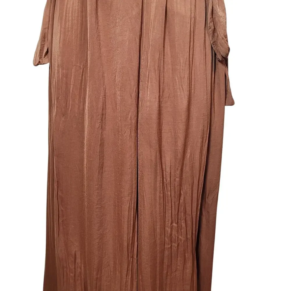 Zara Satin Ruffle Pleated Wrinkle Wide Leg Keyhole Boho Chic Jumpsuit Size Large - Picture 4 of 12